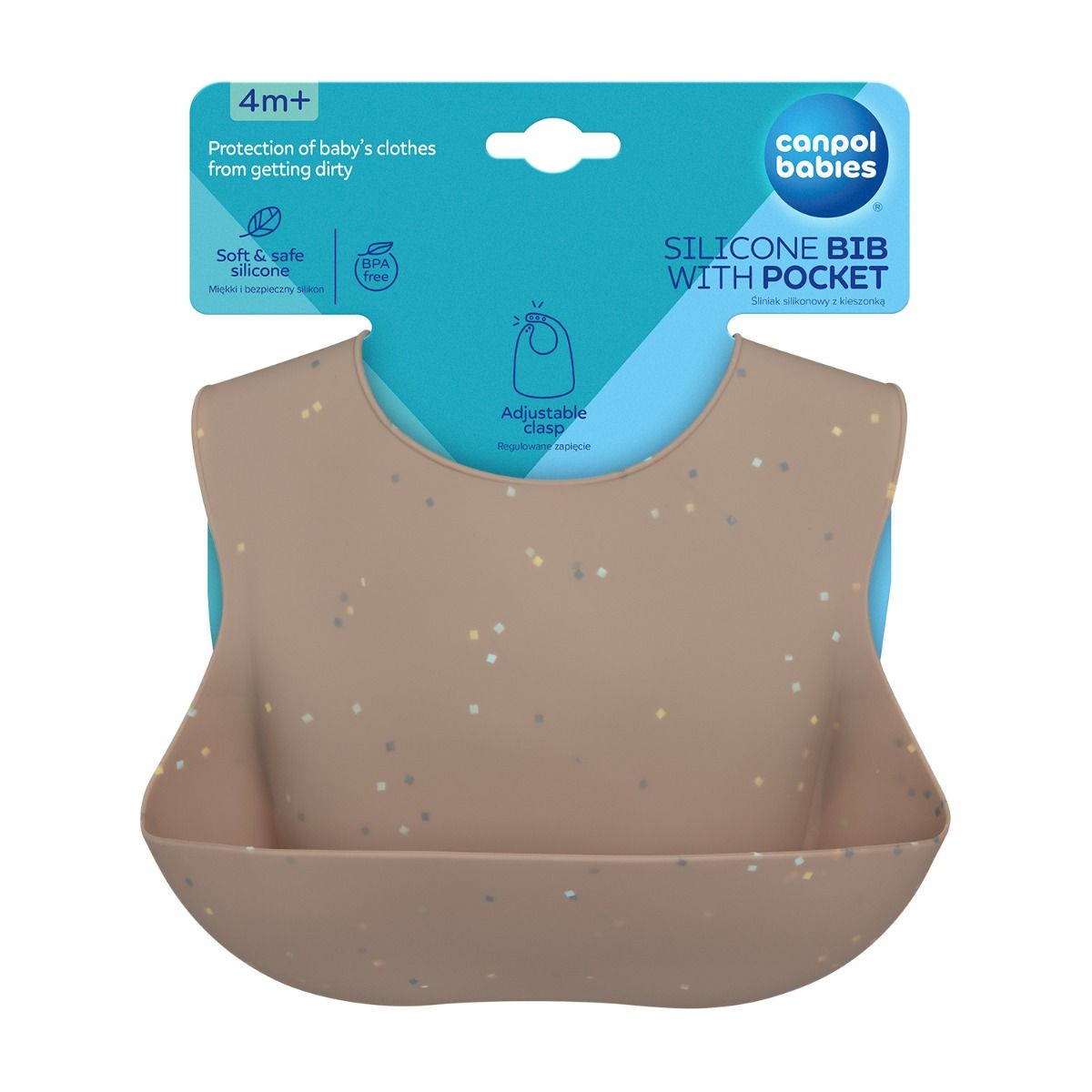 Śliniak silikonowy Canpol babies z kieszonką DOTS beżowy