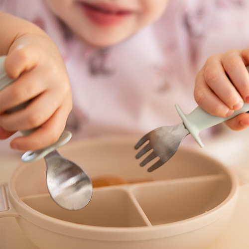 Sztućce dla dzieci stal nierdzewna szałwiowy Babyono