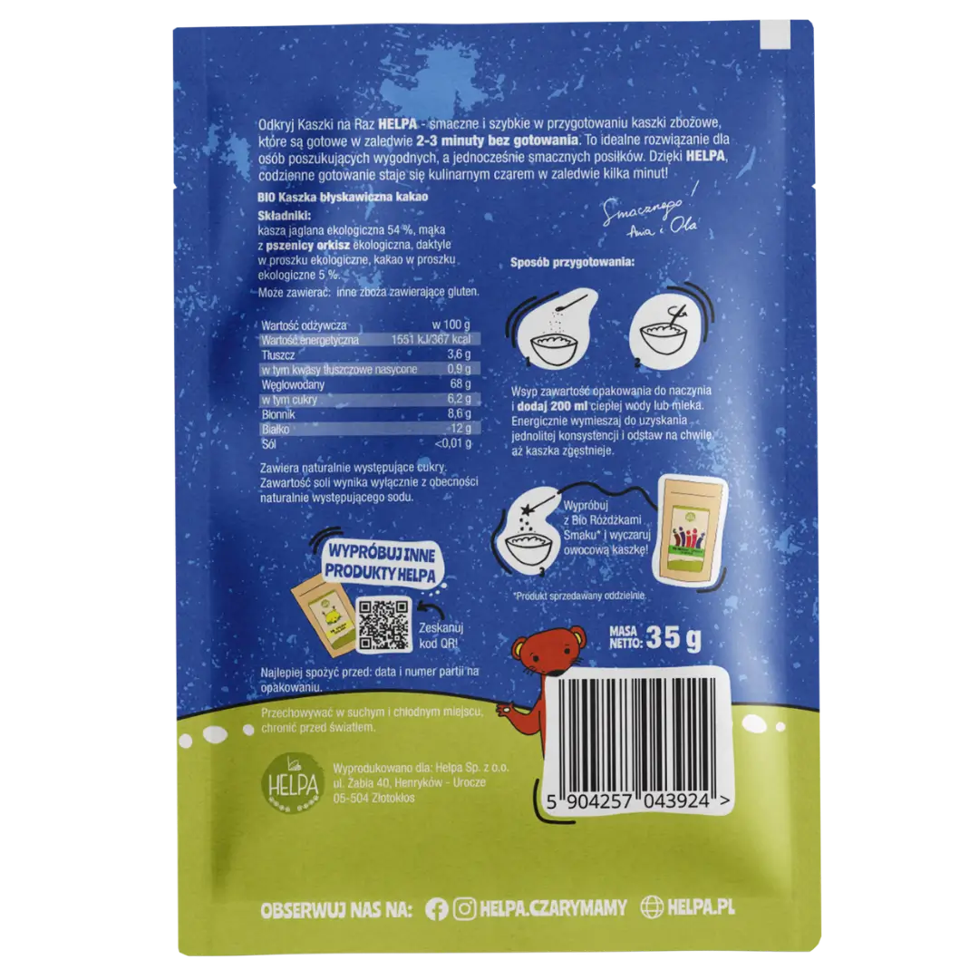 BIO Kaszka błyskawiczna kakao Helpa 35 g