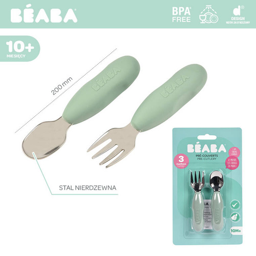Zestaw pierwszych sztućców ze stali nierdzewnej Sage green Beaba