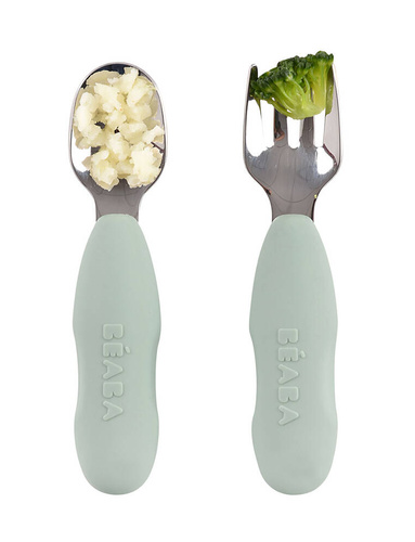 Zestaw pierwszych sztućców ze stali nierdzewnej Sage green Beaba