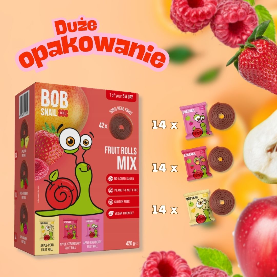 Bob Snail Mix przekąsek (jabłko-truskawka, jabłko-gruszka, jabłko-malina) 42 szt.