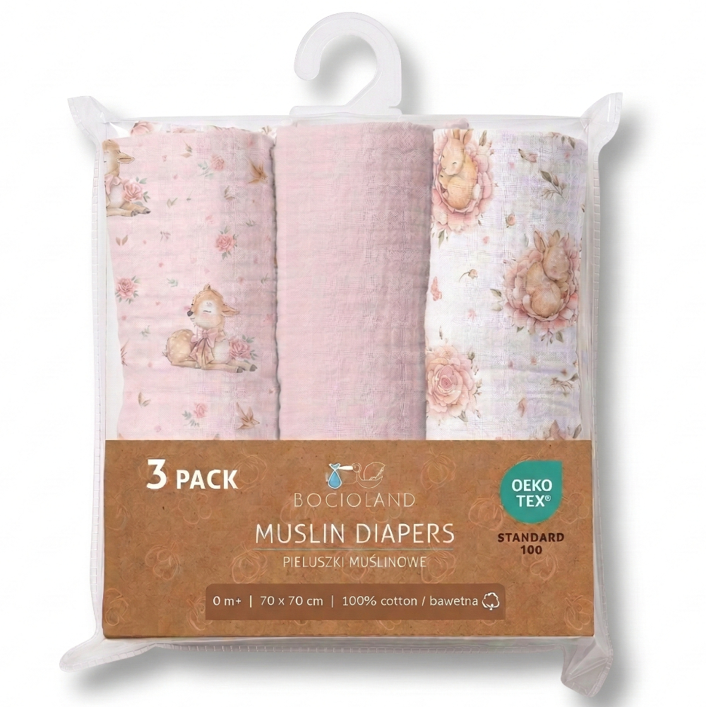 Pieluszki muślinowe 70x70cm 3pack. róż Bocioland